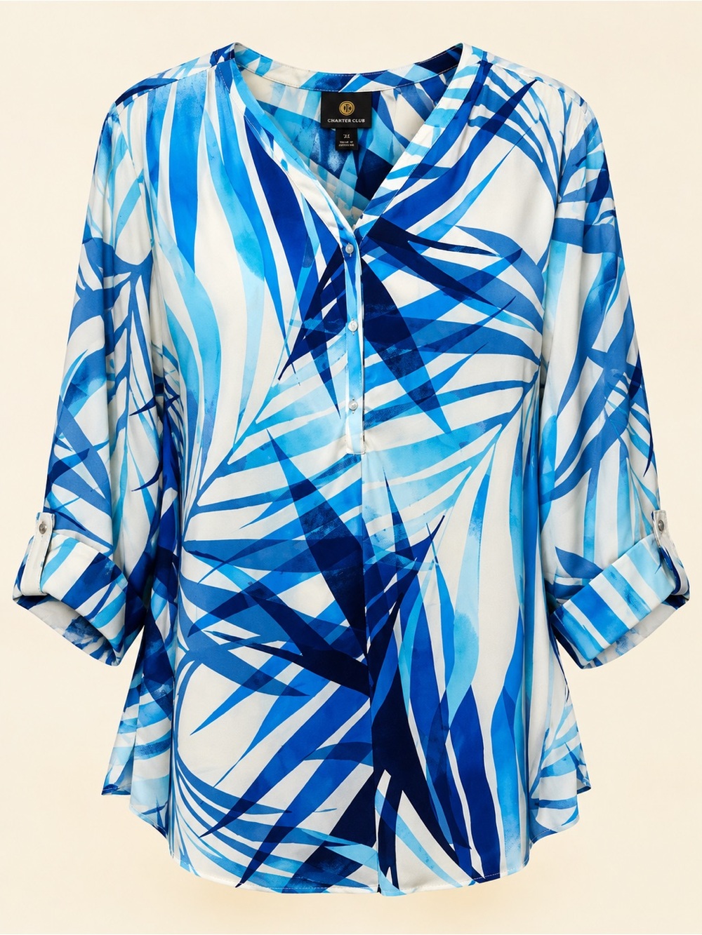 JM Collection Plus Size 2X Blue Tropical Print Roll Tab Blouse